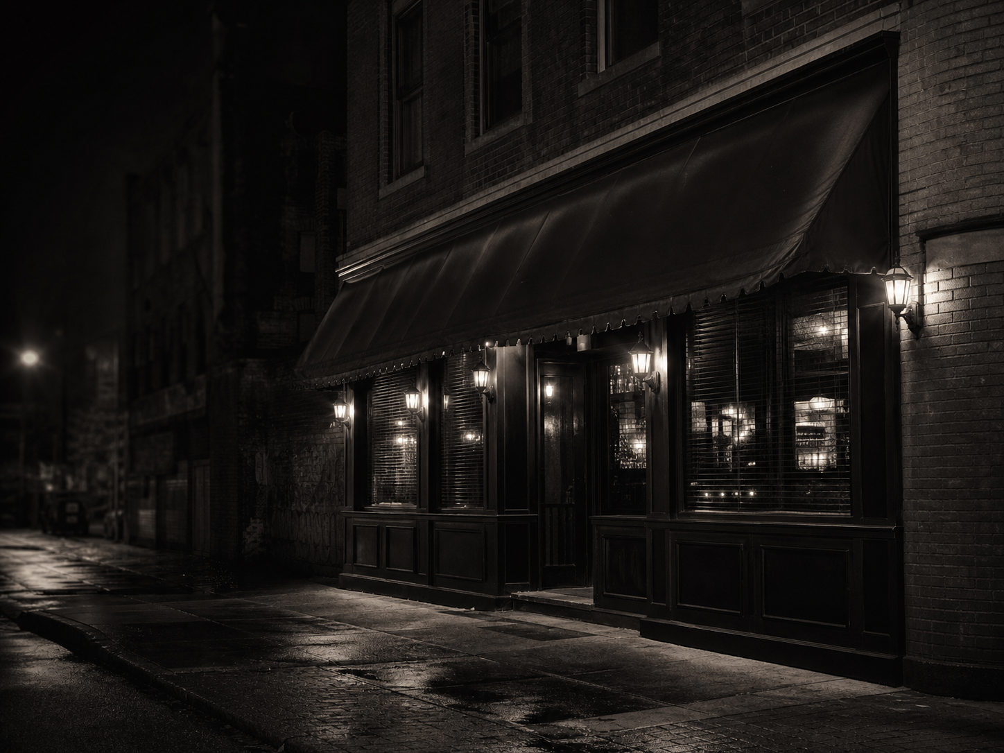 Dark monochrome Black Horse Lounge inspired Detroit storefront background