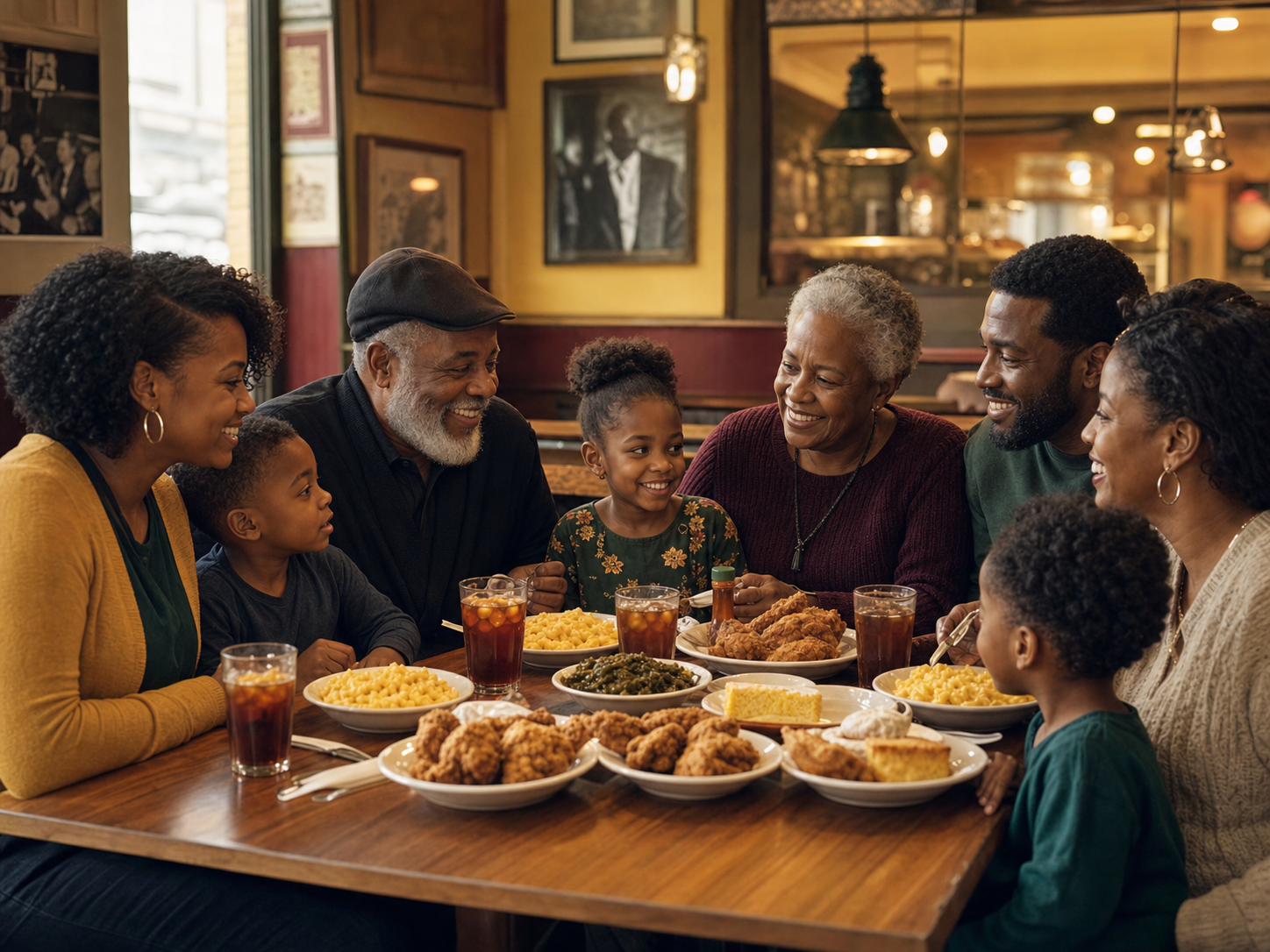 Multigenerational family sharing soul food at Detroit's Best Soul Food Cafe